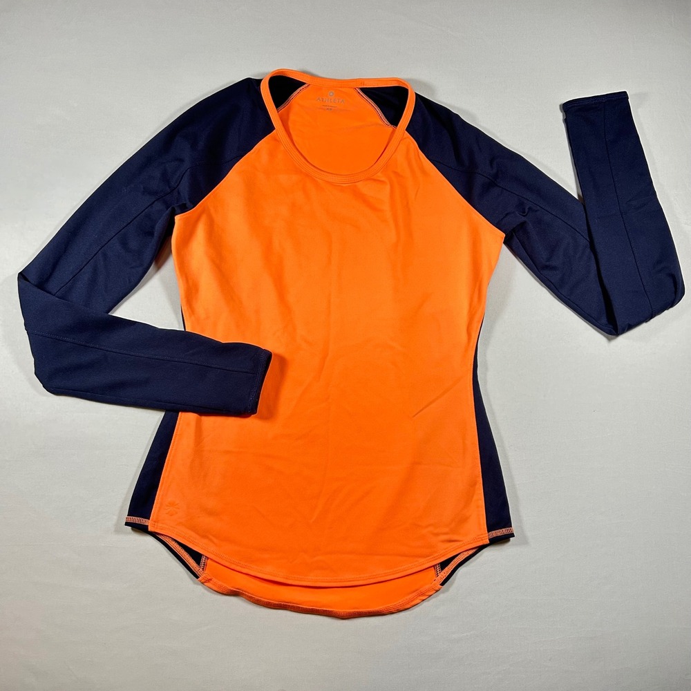 Athleta Womens XS Long Sleeve Performance Top Orange Navy‎ Colorblock Thumbholes
